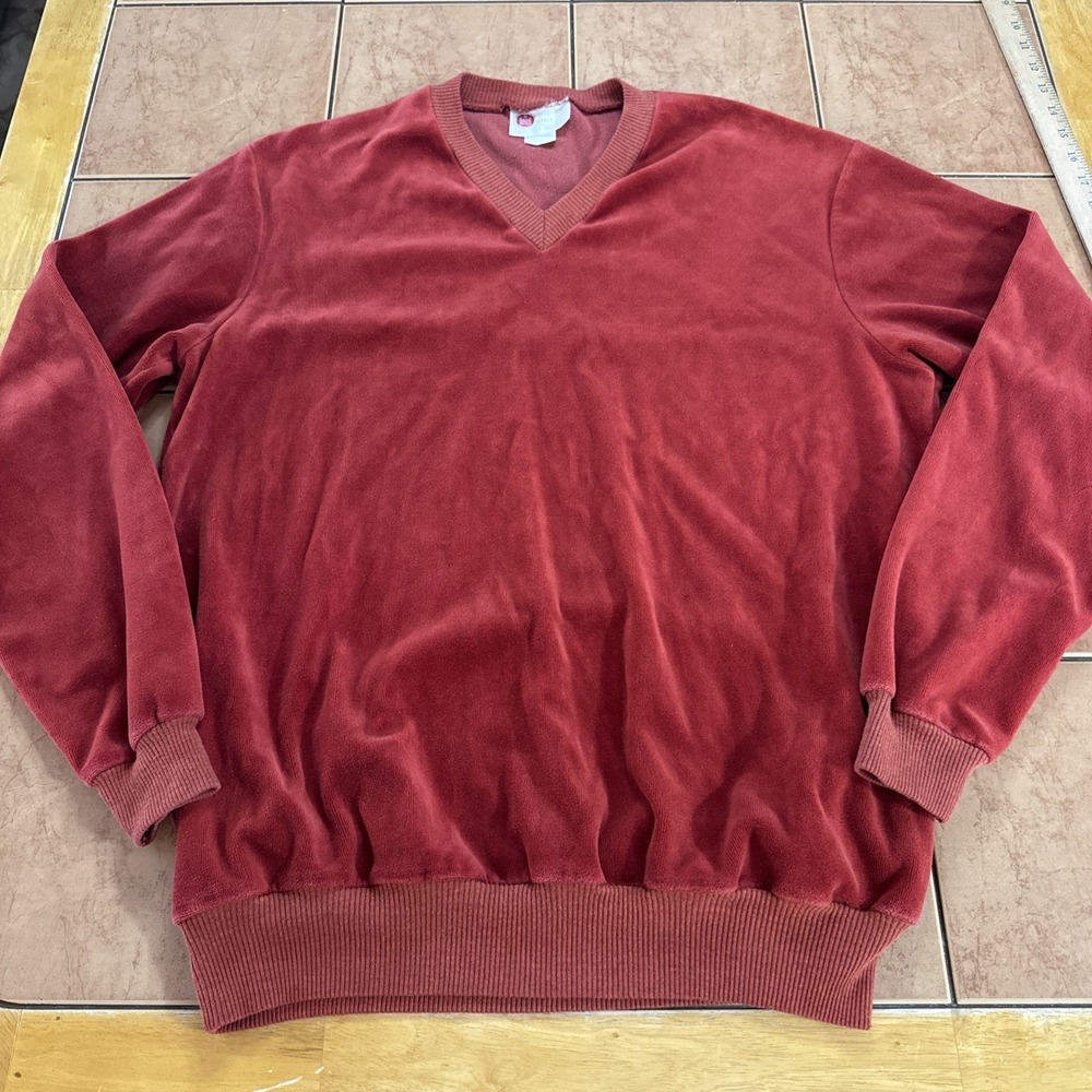 Vintage Kings Road Sears Red‎ Orange Velour Velvet V-Neck Pullover Sweater Sz L